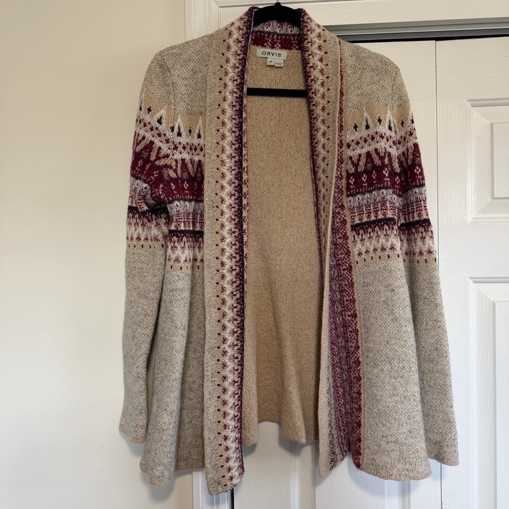 Orvis Tan Burgundy Open Front Cardigan Wool Alpaca Size Medium